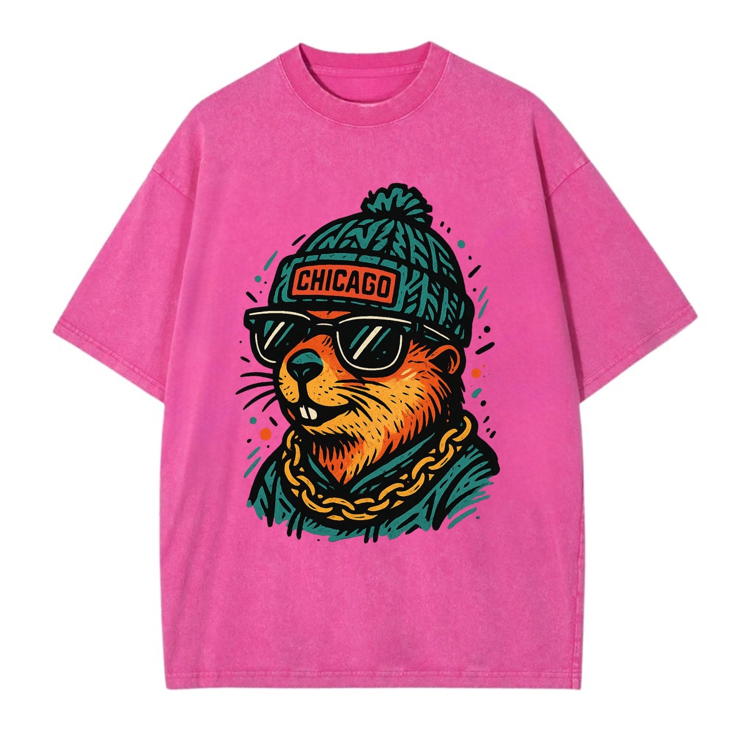 Illinois Prairie Dog wearing Chicago beanie with pom pom and wayfarer sunglasses - Vintage T-shirt - Dusty Rose(Rose)