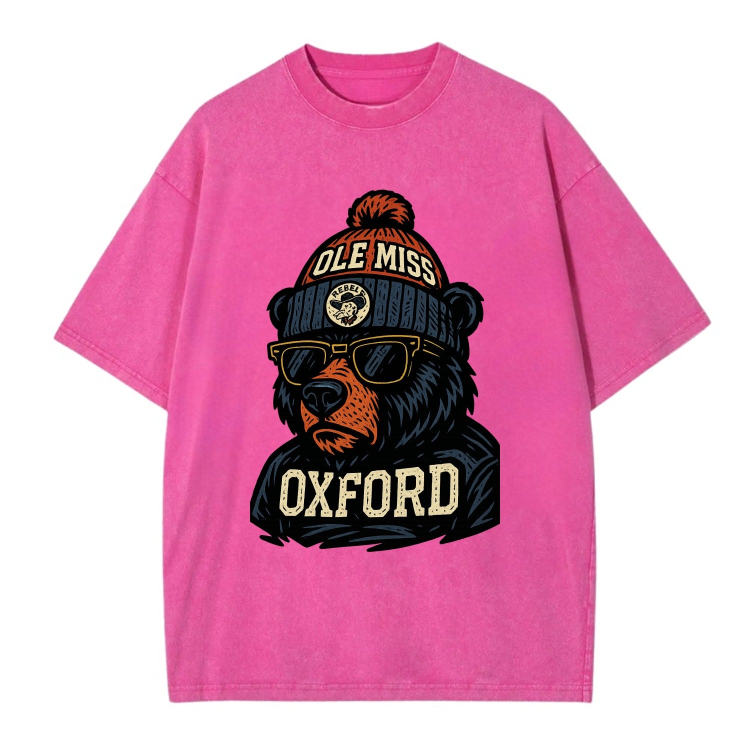 Oxford Black Bear wearing Ole Miss beanie with rebel patch - Vintage T-shirt - Dusty Rose(Rose)