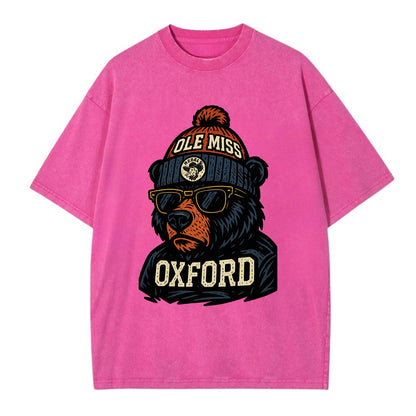Oxford Black Bear wearing Ole Miss beanie with rebel patch - Vintage T-shirt - Dusty Rose(Rose)