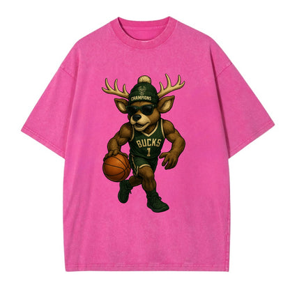 Milwaukee Buck Deer wearing Bucks green and cream beanie with antlers and - Vintage T-shirt - Dusty Rose(Rose)