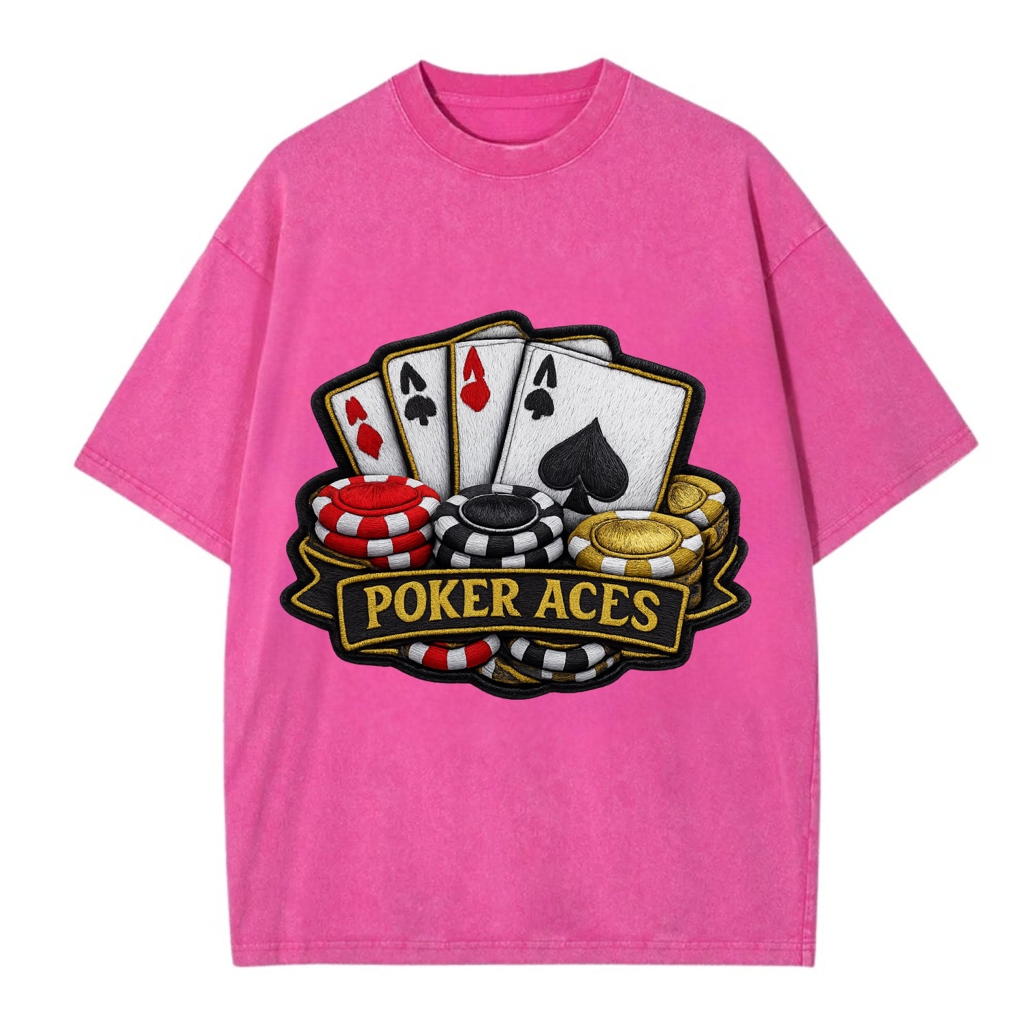 Embroidered patch design - POKER ACES - four aces with chips in red, black and - Vintage T-shirt - Dusty Rose(Rose)