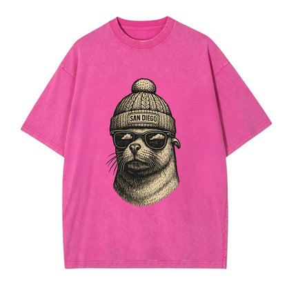 San Diego Sea Lion wearing San Diego beanie with pom pom and wayfarer sunglasses - Vintage T-shirt - Dusty Rose(Rose)