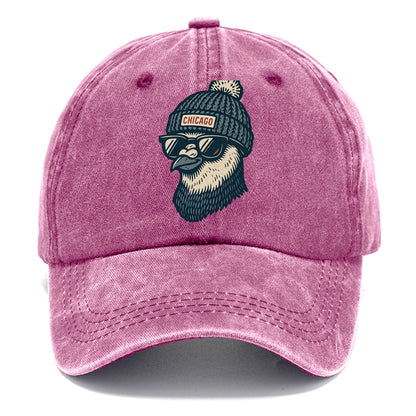 Chicago Pigeon wearing Chicago beanie with pom pom and wayfarer sunglasses - Classic Cap - Dusty Rose(Rose)