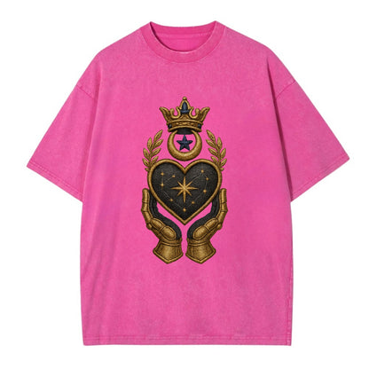 Crowned heart with Art Deco sunburst crown and geometric filigree hands cradling - Vintage T-shirt - Dusty Rose(Rose)