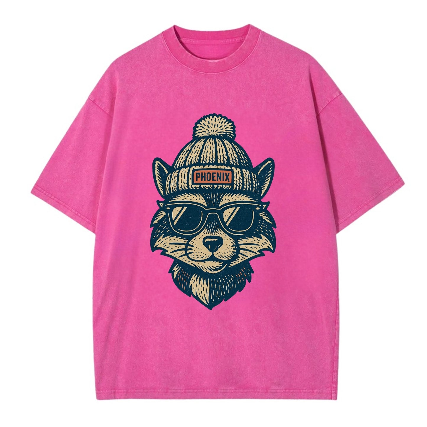 Arizona Ringtail wearing Phoenix beanie with pom pom and wayfarer sunglasses - Vintage T-shirt - Dusty Rose(Rose)