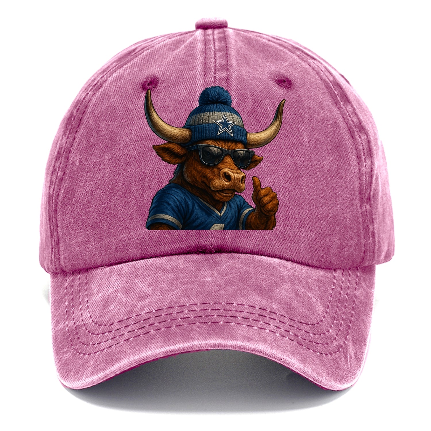 Texas Longhorn wearing Cowboys silver and blue beanie with star and wayfarer - Classic Cap - Dusty Rose(Rose)