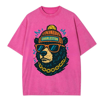 West Virginia Black Bear wearing Charleston beanie with pom pom and wayfarer - Vintage T-shirt - Dusty Rose(Rose)