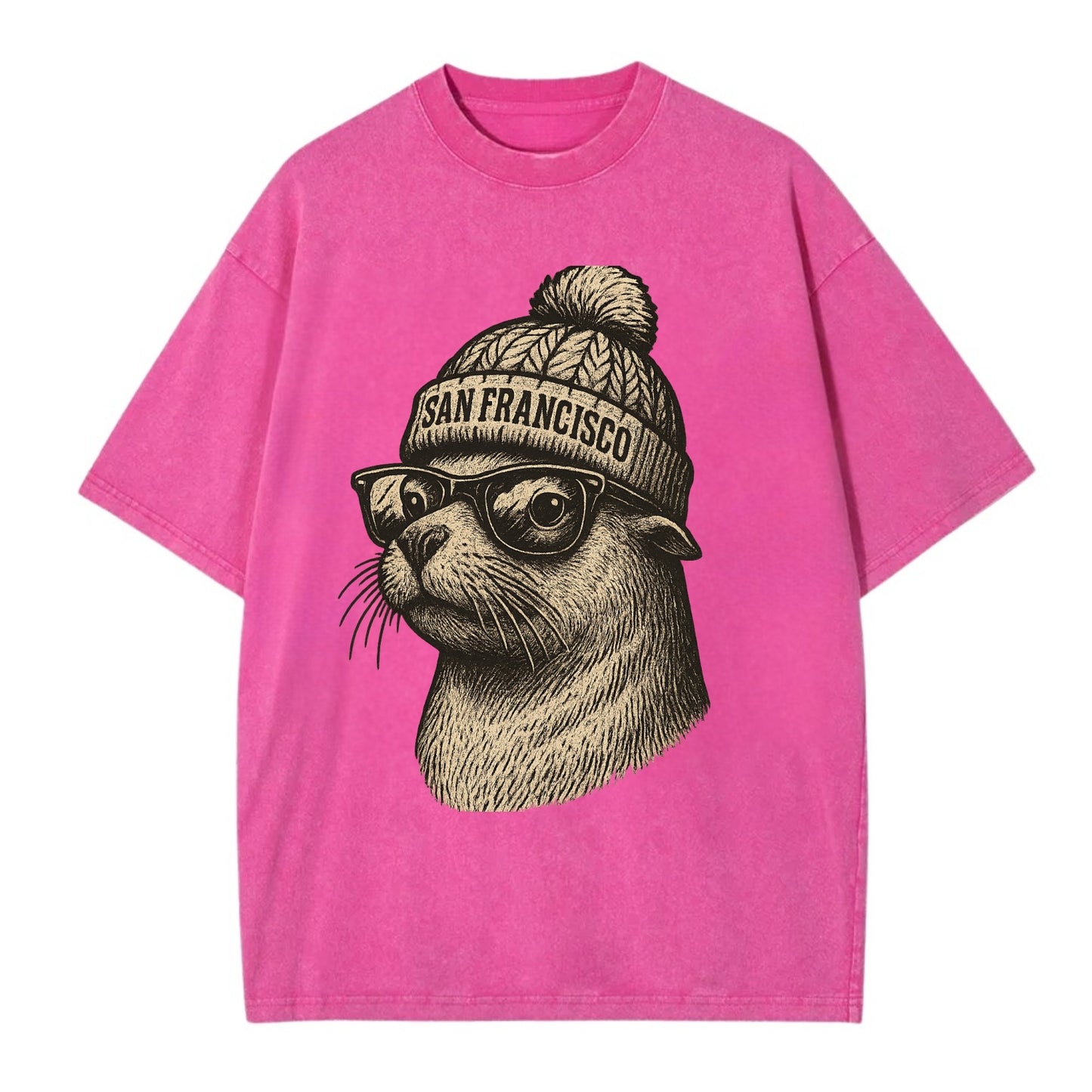 San Francisco Sea Lion wearing San Francisco beanie with pom pom and wayfarer - Vintage T-shirt - Dusty Rose(Rose)