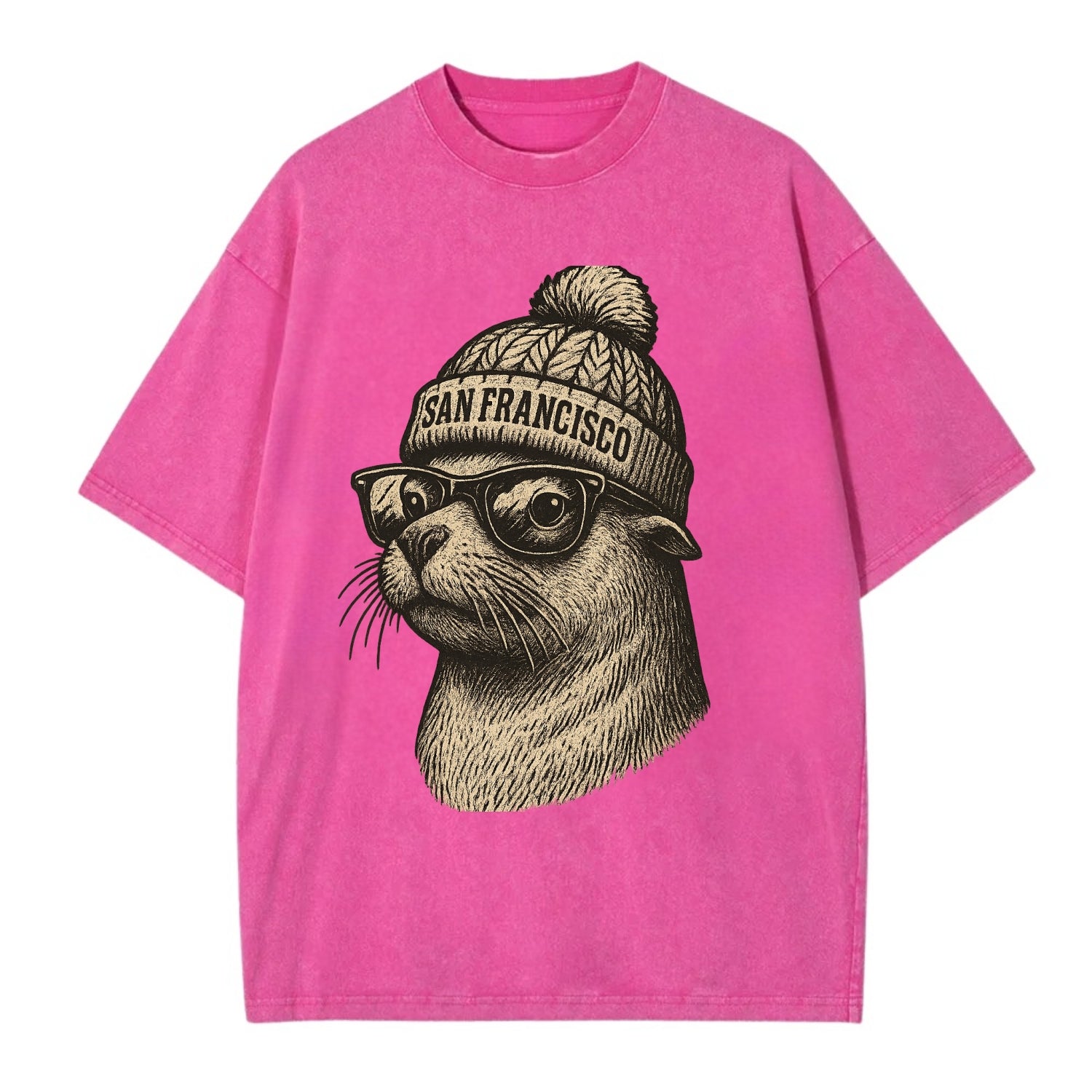 San Francisco Sea Lion wearing San Francisco beanie with pom pom and wayfarer - Vintage T-shirt - Dusty Rose(Rose)
