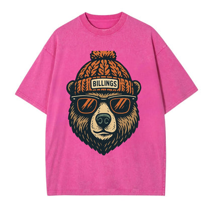 Montana Grizzly Bear wearing Billings beanie with pom pom and wayfarer sunglasses - Vintage T-shirt - Dusty Rose(Rose)