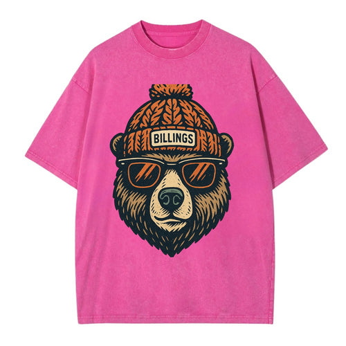 Montana Grizzly Bear wearing Billings beanie with pom pom and wayfarer sunglasses - Vintage T-shirt