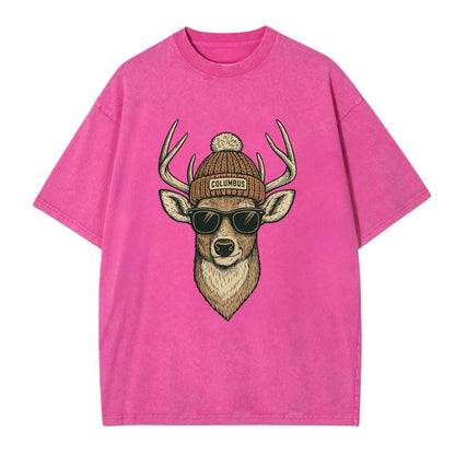 Ohio White-tailed Deer wearing Columbus beanie with pom pom and wayfarer - Vintage T-shirt - Dusty Rose(Rose)