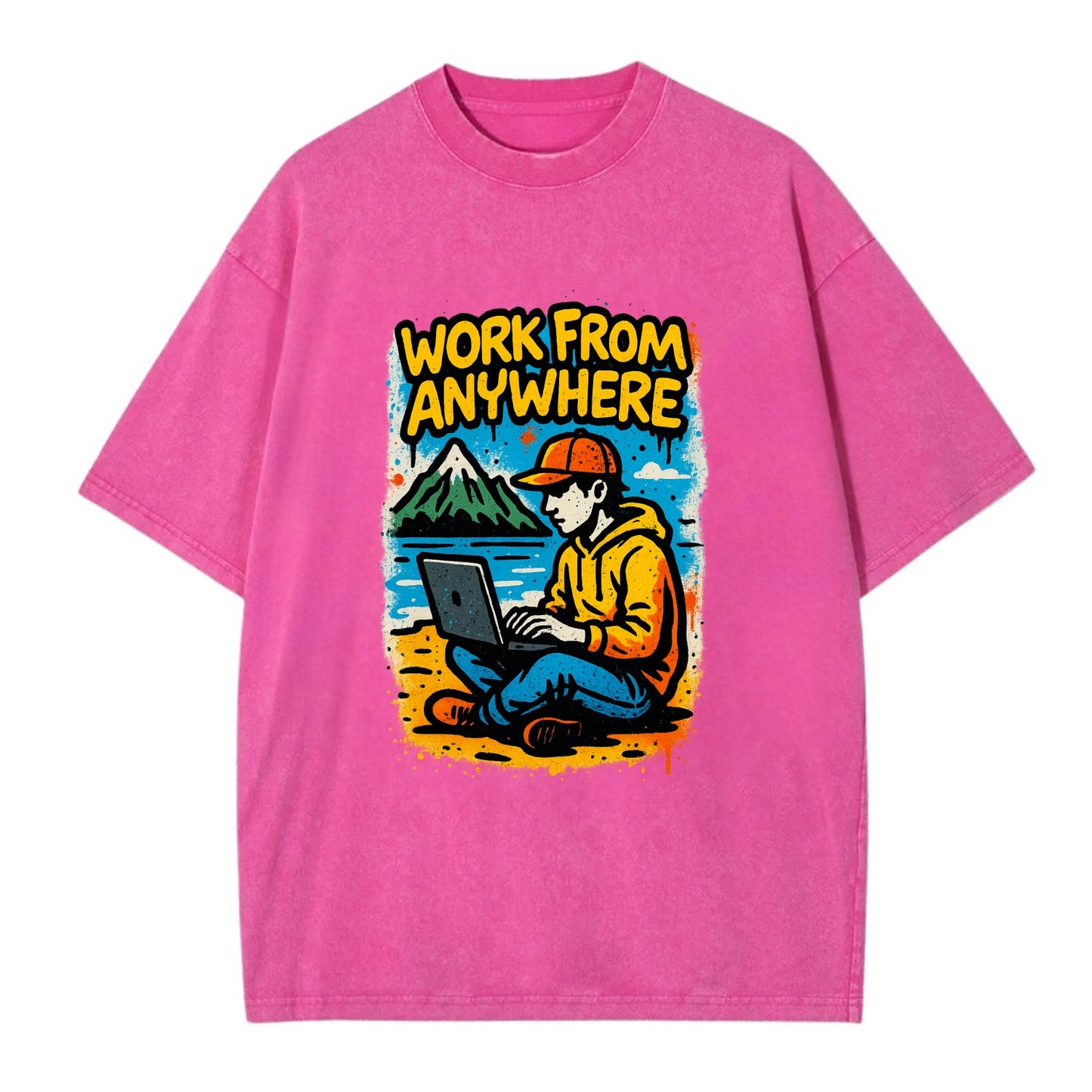 Digital nomad with laptop on beach/mountain - work from anywhere lifestyle, - Vintage T-shirt - Dusty Rose(Rose)