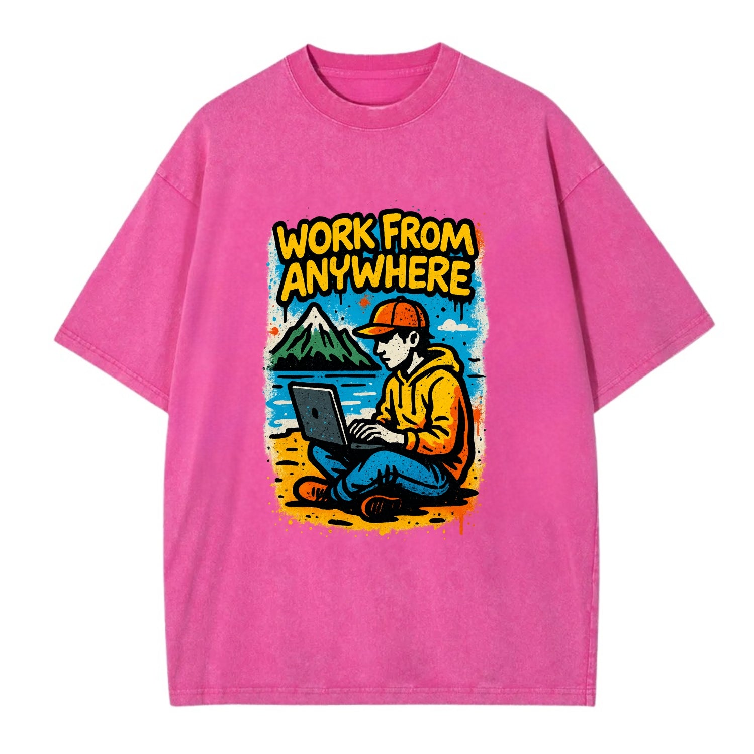 Digital nomad with laptop on beach/mountain - work from anywhere lifestyle, - Vintage T-shirt - Dusty Rose(Rose)