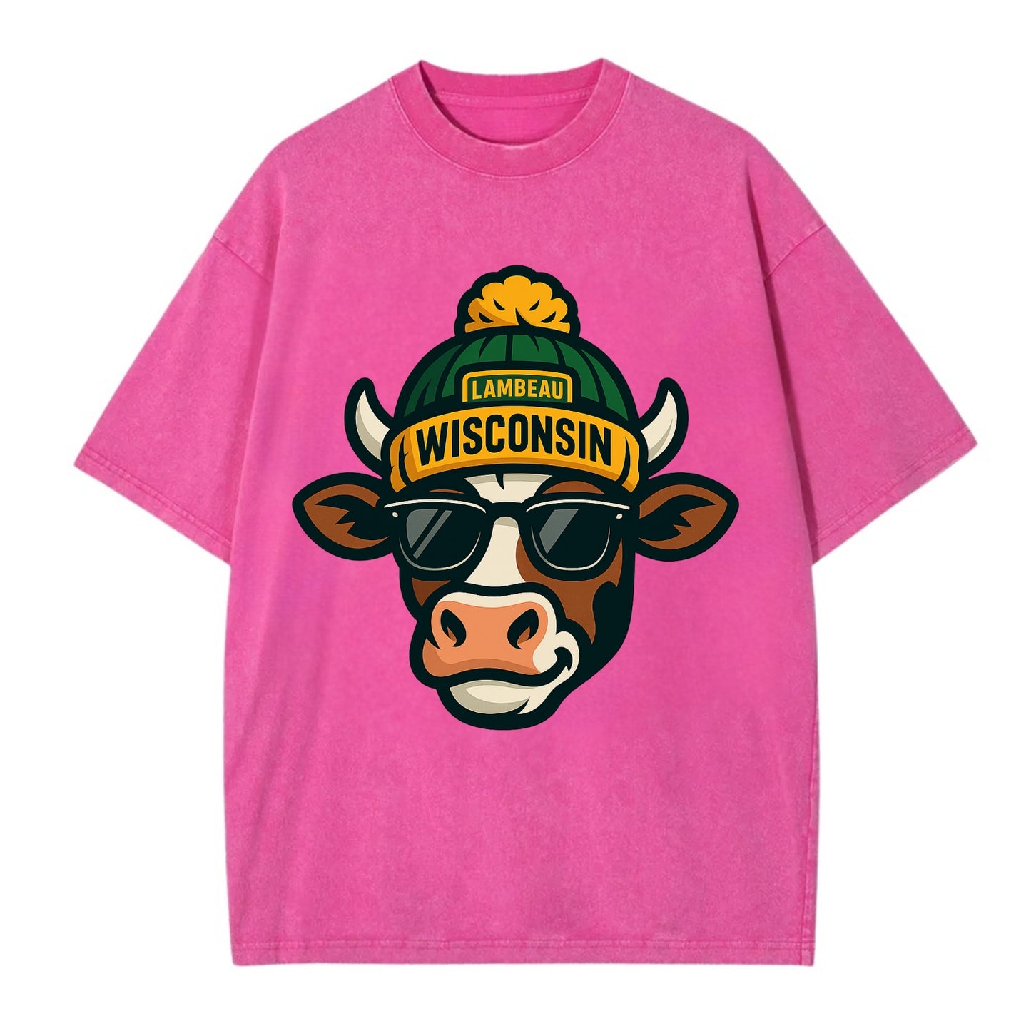 Wisconsin Cow wearing Packers beanie with Lambeau patch and wayfarer sunglasses - Vintage T-shirt - Dusty Rose(Rose)
