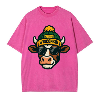 Wisconsin Cow wearing Packers beanie with Lambeau patch and wayfarer sunglasses - Vintage T-shirt - Dusty Rose(Rose)
