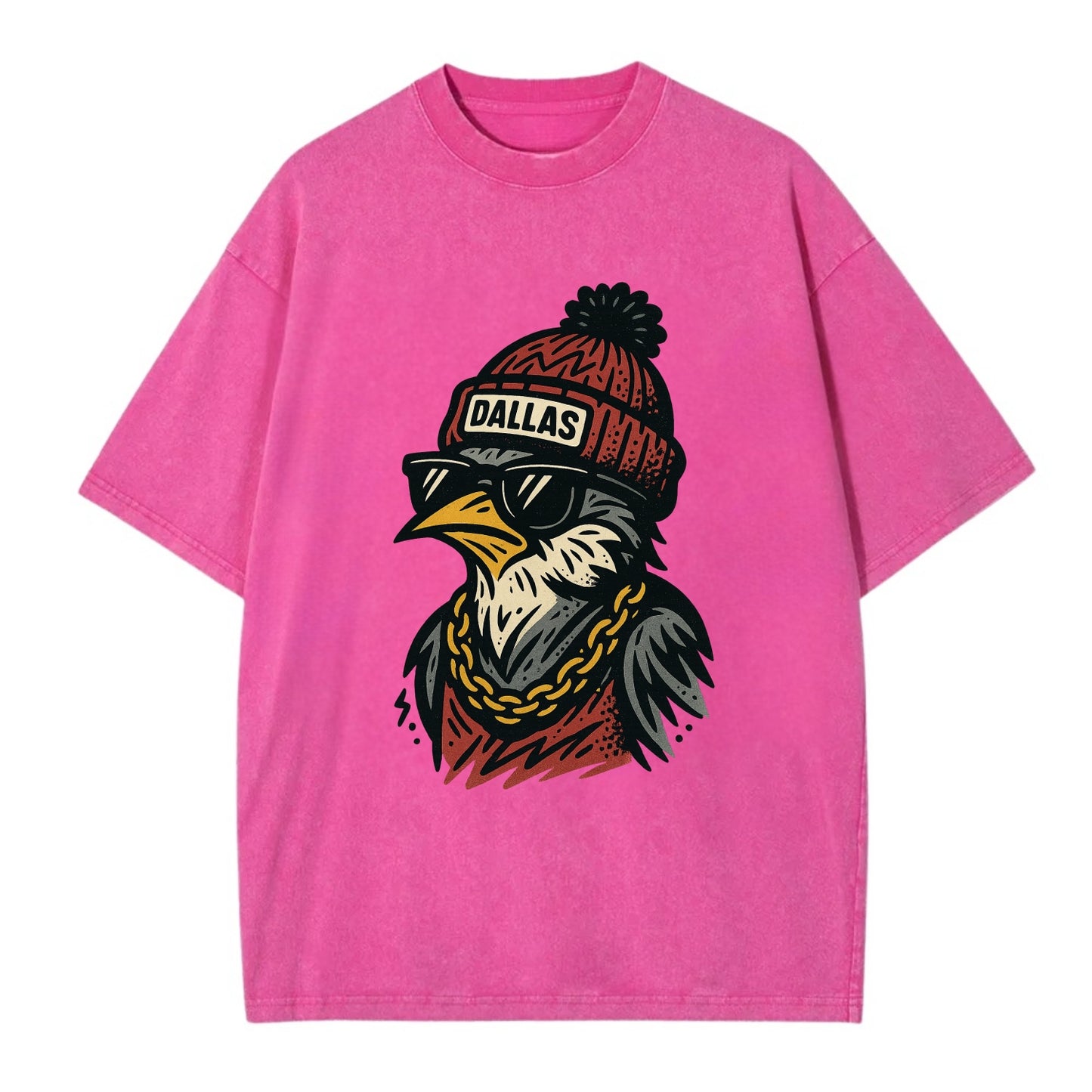 Dallas Mockingbird wearing Dallas beanie with pom pom and wayfarer sunglasses - Vintage T-shirt - Dusty Rose(Rose)