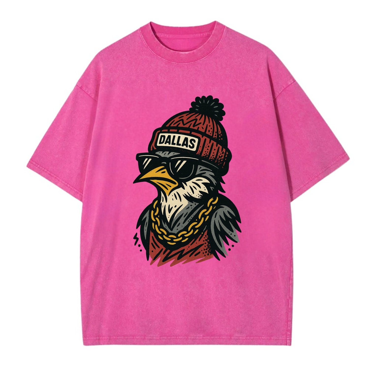 Dallas Mockingbird wearing Dallas beanie with pom pom and wayfarer sunglasses - Vintage T-shirt - Dusty Rose(Rose)