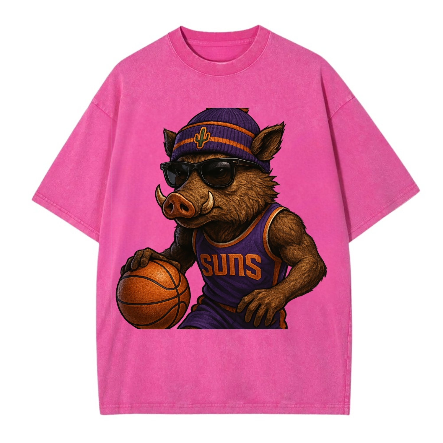 Phoenix Javelina wearing Suns beanie with cactus patch and wayfarer sunglasses - Vintage T-shirt - Dusty Rose(Rose)