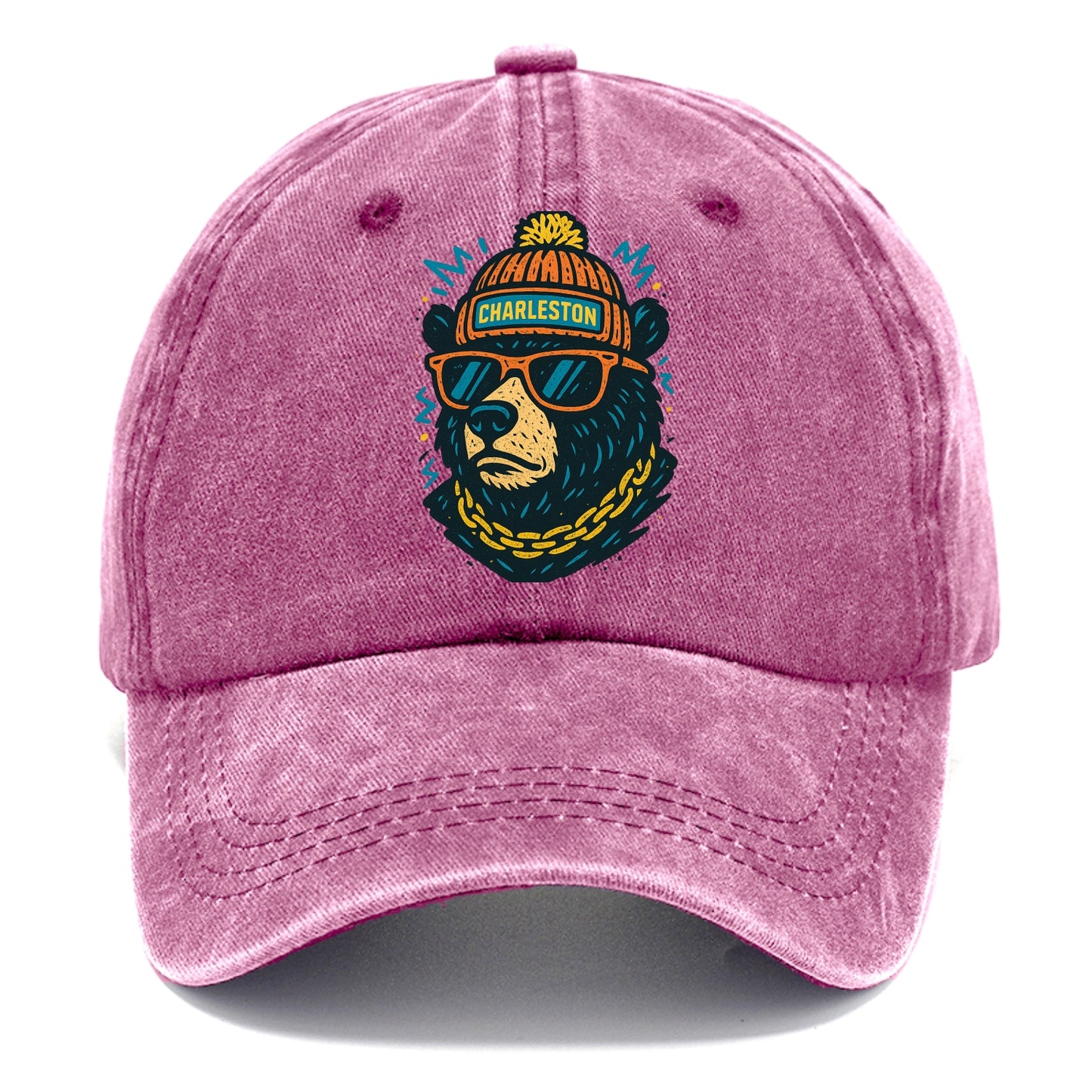 West Virginia Black Bear wearing Charleston beanie with pom pom and wayfarer - Classic Cap - Dusty Rose(Rose)