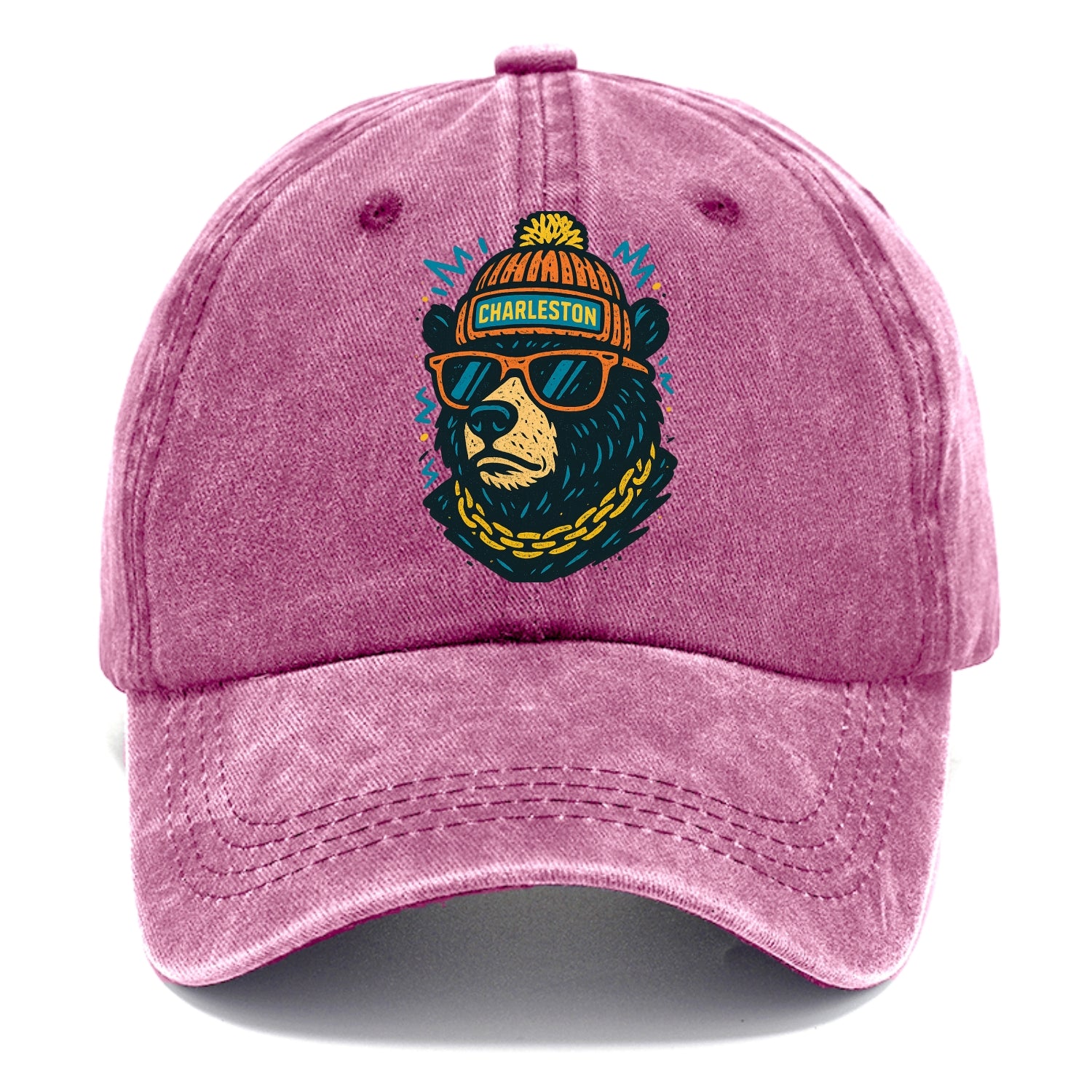 West Virginia Black Bear wearing Charleston beanie with pom pom and wayfarer - Classic Cap - Dusty Rose(Rose)