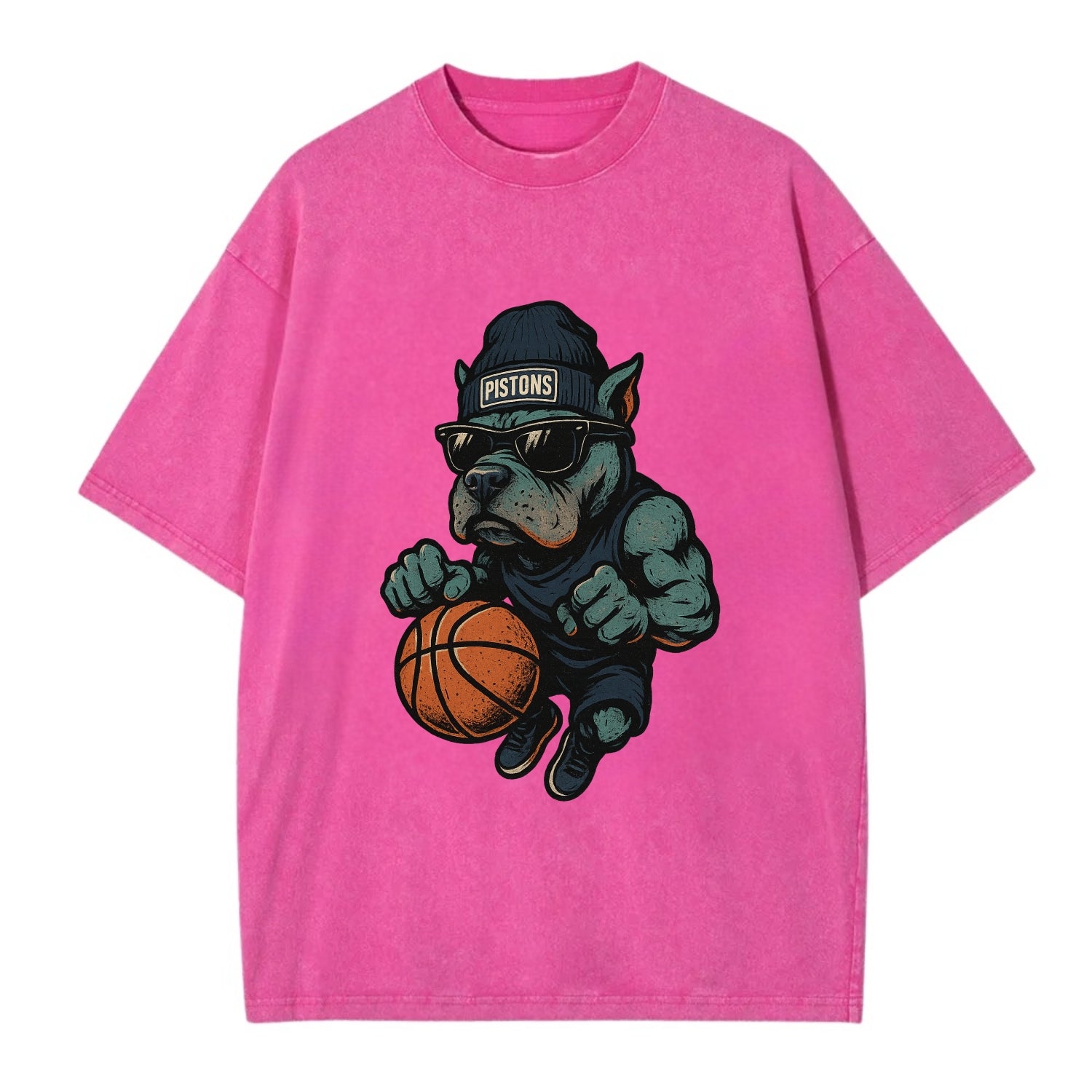 Detroit Pitbull wearing Pistons beanie with chrome patch and wayfarer sunglasses - Vintage T-shirt - Dusty Rose(Rose)