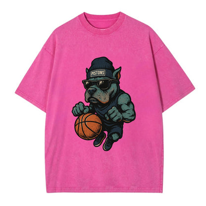 Detroit Pitbull wearing Pistons beanie with chrome patch and wayfarer sunglasses - Vintage T-shirt - Dusty Rose(Rose)