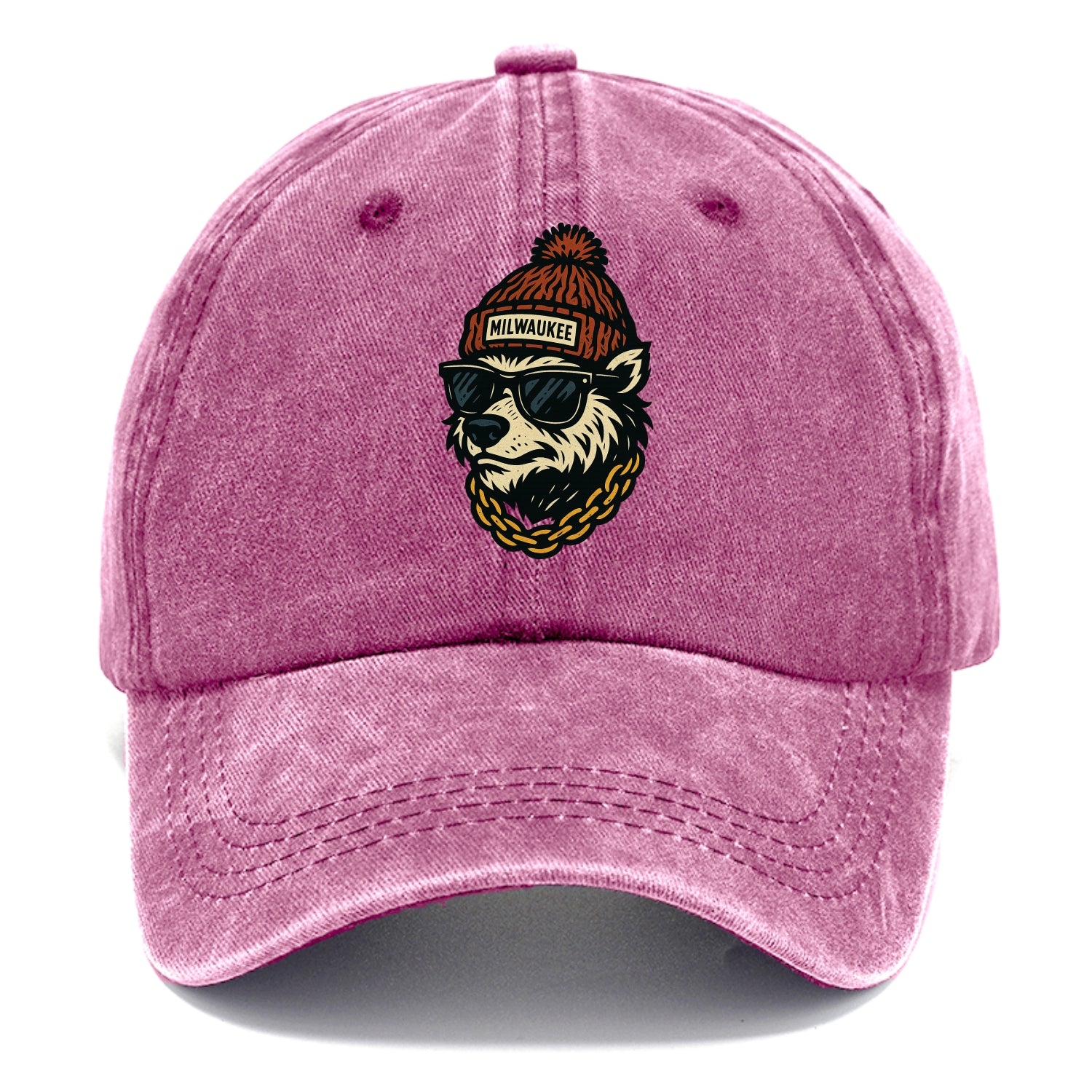 Milwaukee Badger wearing Milwaukee beanie with pom pom and wayfarer sunglasses - Classic Cap - Dusty Rose(Rose)