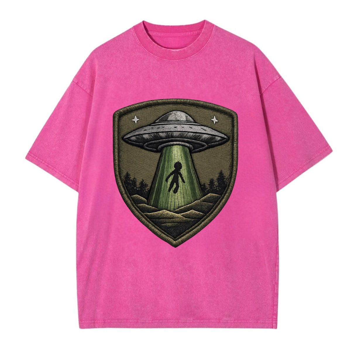UFO ALIEN - flying saucer with beam in silver and green , extraterrestrial - Vintage T-shirt - Dusty Rose(Rose)