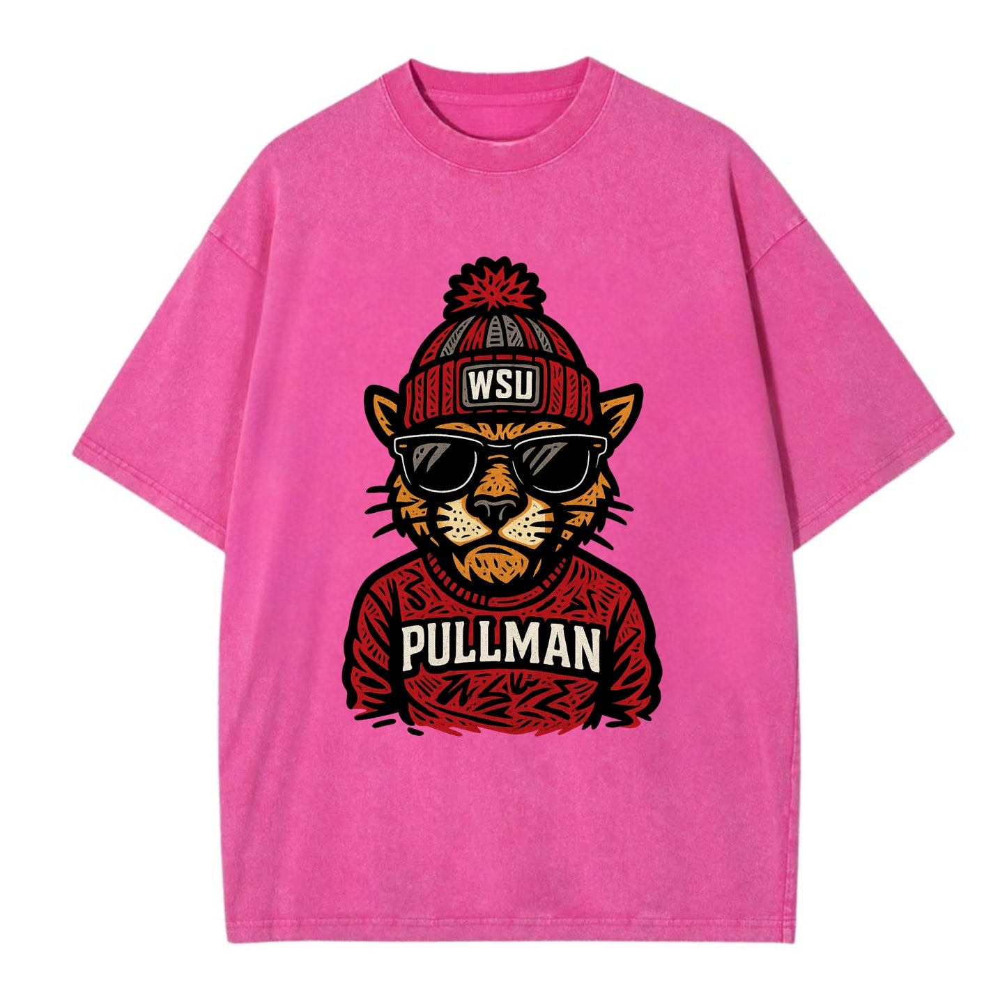 Pullman Cougar wearing Washington State beanie with WSU patch - Vintage T-shirt - Dusty Rose(Rose)