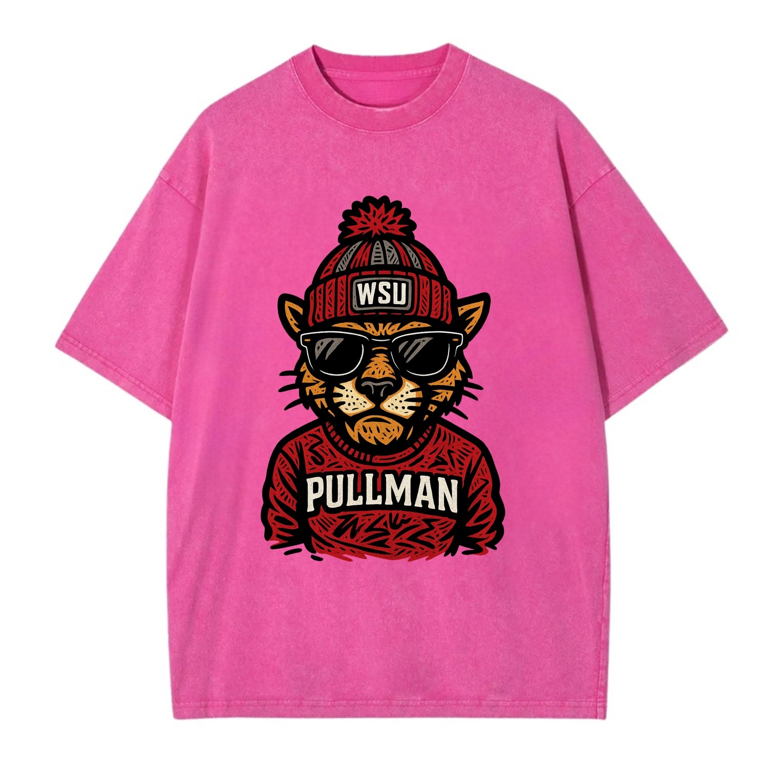 Pullman Cougar wearing Washington State beanie with WSU patch - Vintage T-shirt - Dusty Rose(Rose)