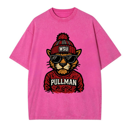 Pullman Cougar wearing Washington State beanie with WSU patch - Vintage T-shirt - Dusty Rose(Rose)