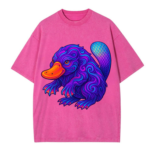 Quirky platypus with bill glowing in neon orange, beaver tail with holographic - Vintage T-shirt