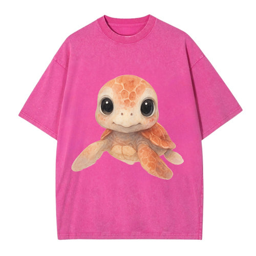 Baby Loggerhead Turtle - reddish-brown shell, big round dark eyes, chunky head, - Vintage T-shirt