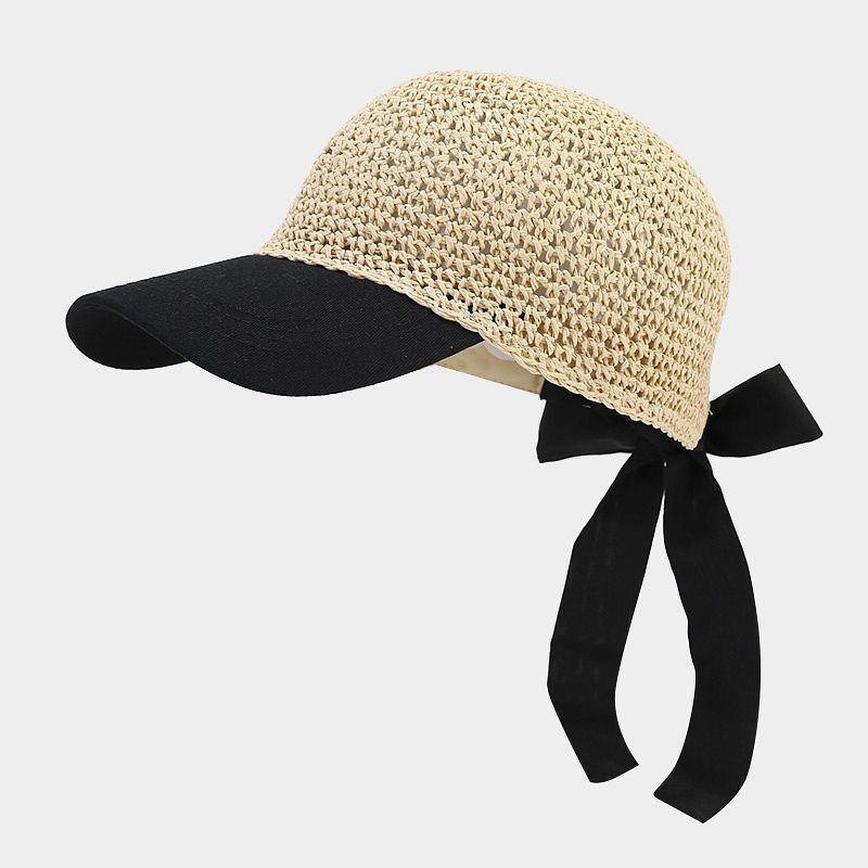 Elegant Crochet Straw Sun Hat with Contrast Bow Strap