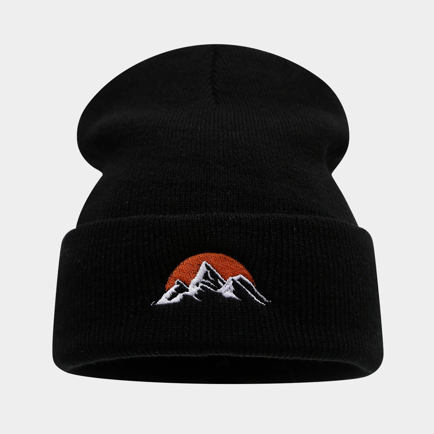 Embroidered Mountain Sun Beanie - Warm Knit Hat