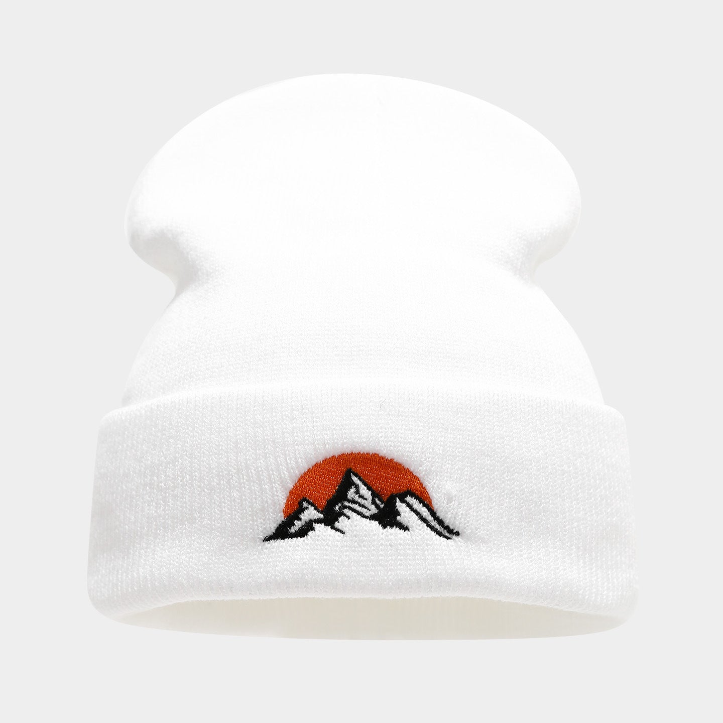 Embroidered Mountain Sun Beanie - Warm Knit Hat