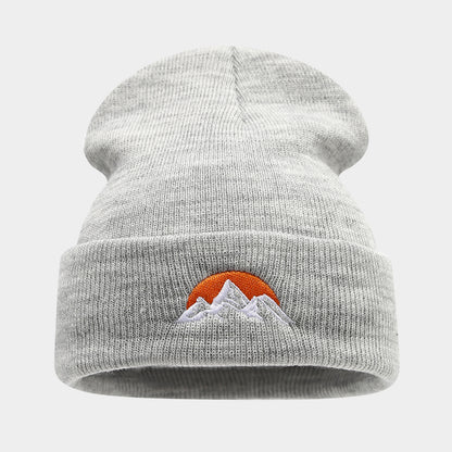 Embroidered Mountain Sun Beanie - Warm Knit Hat