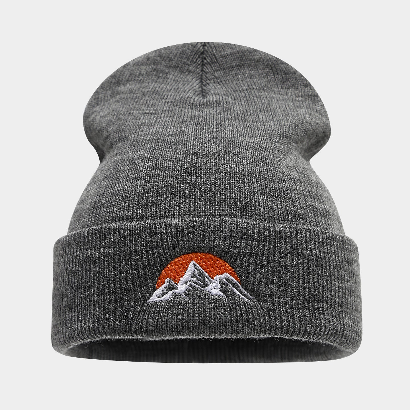 Embroidered Mountain Sun Beanie - Warm Knit Hat
