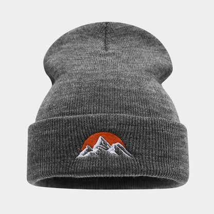 Embroidered Mountain Sun Beanie - Warm Knit Hat