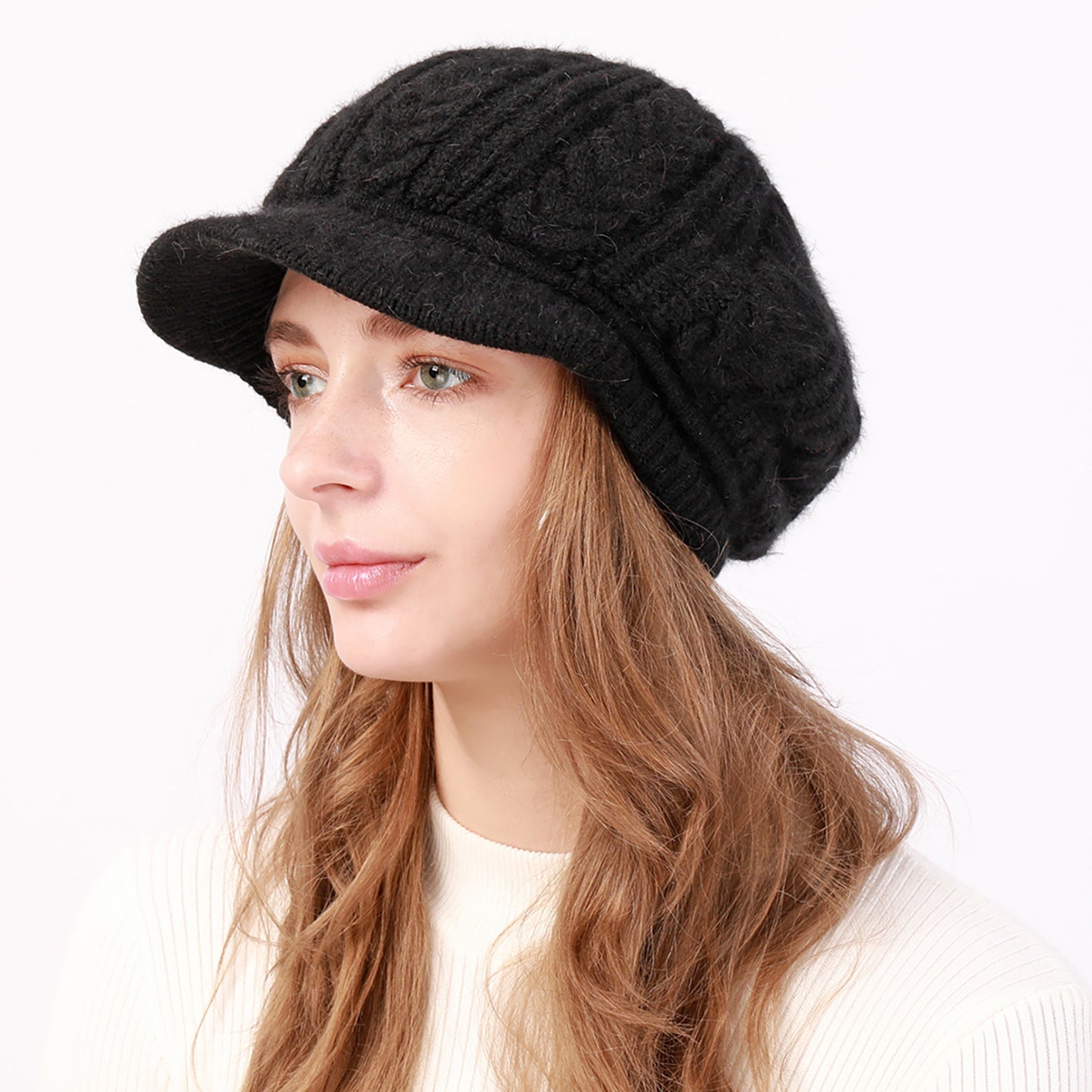 Fleece-Lined Knit Beret with Brim for Women