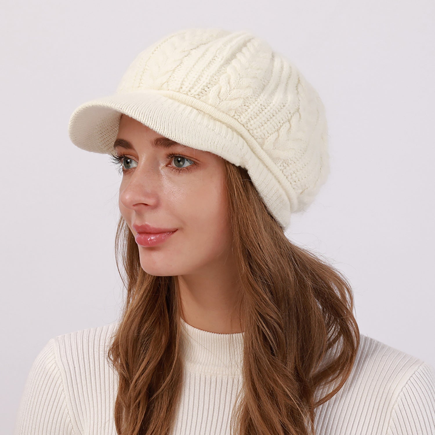 Fleece-Lined Knit Beret with Brim for Women