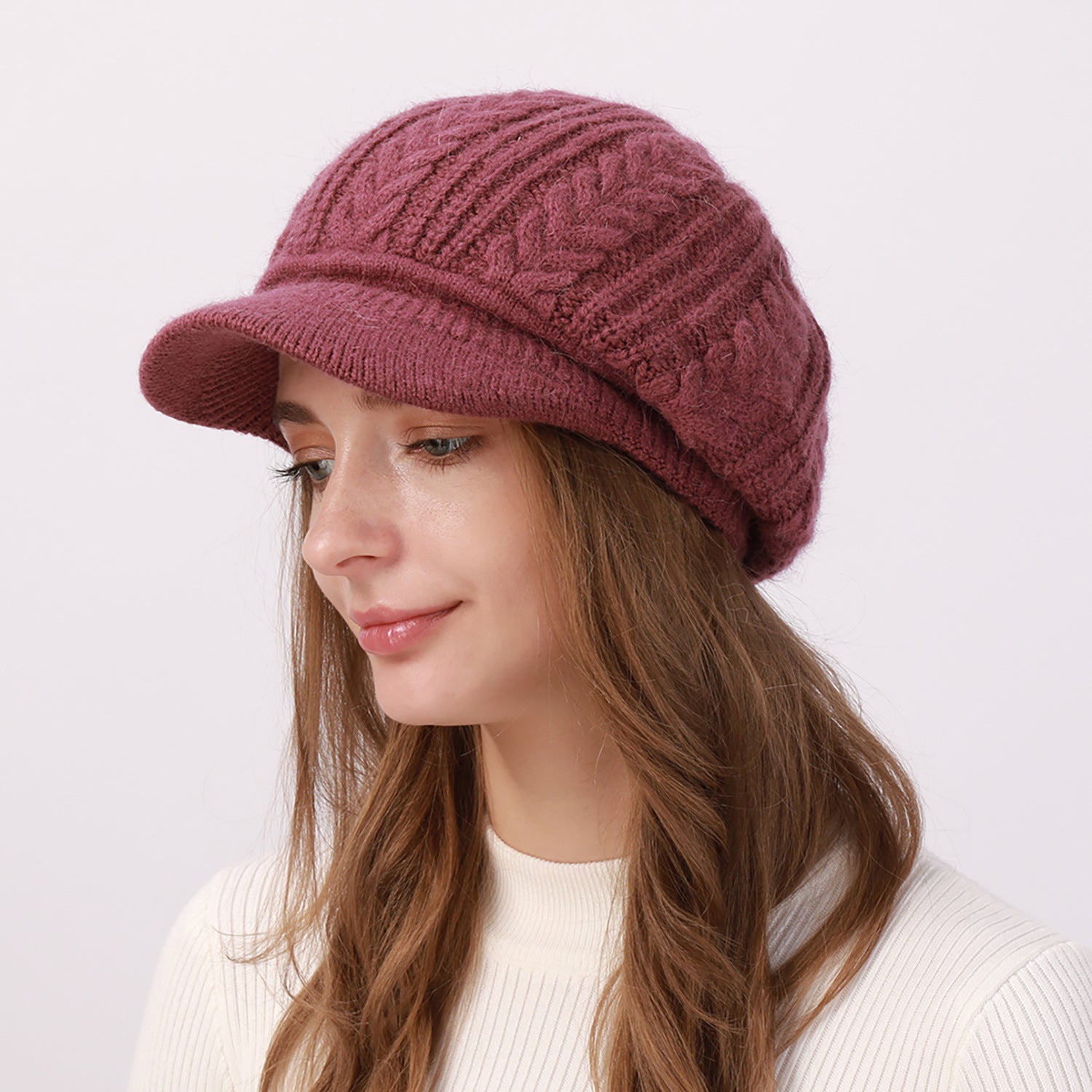 Fleece-Lined Knit Beret with Brim for Women