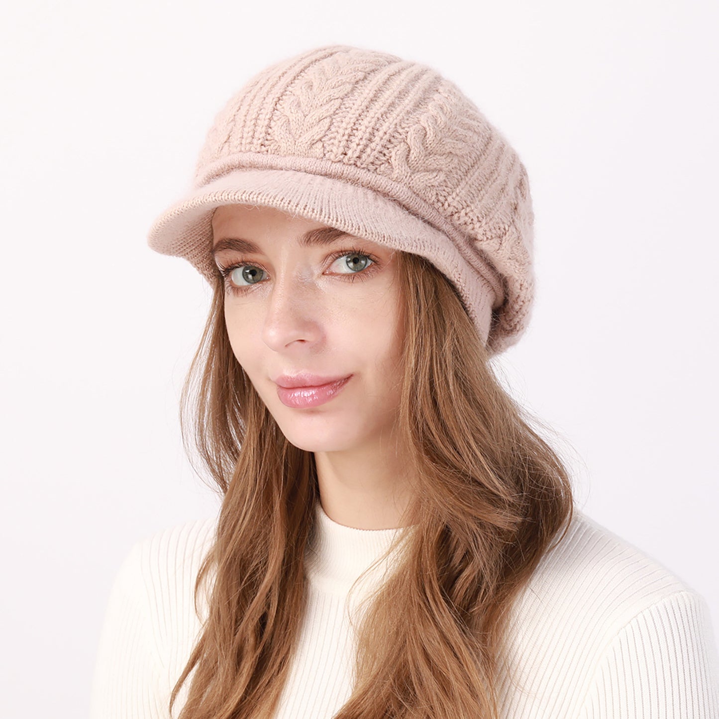 Fleece-Lined Knit Beret with Brim for Women