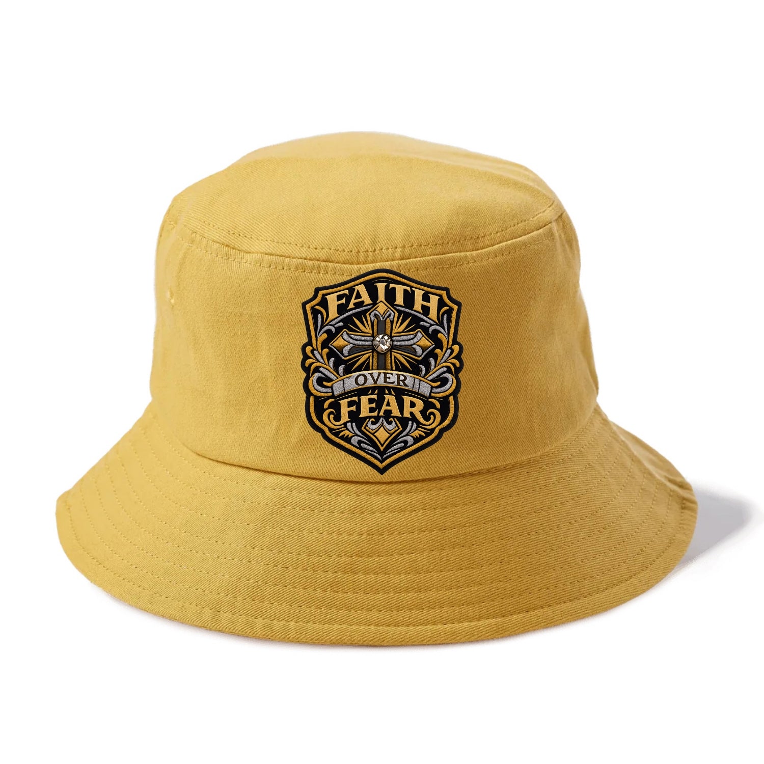 FAITH OVER FEAR - cross with text in gold , spiritual strength - Bucket Hat