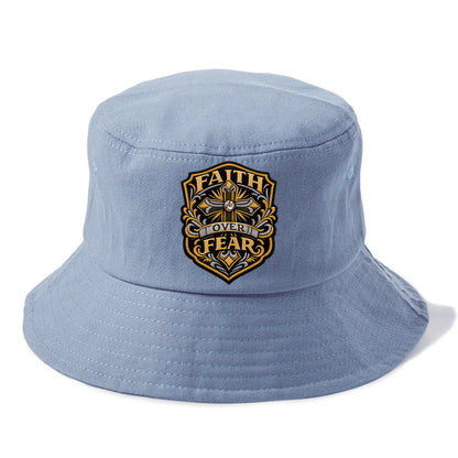 FAITH OVER FEAR - cross with text in gold , spiritual strength - Bucket Hat