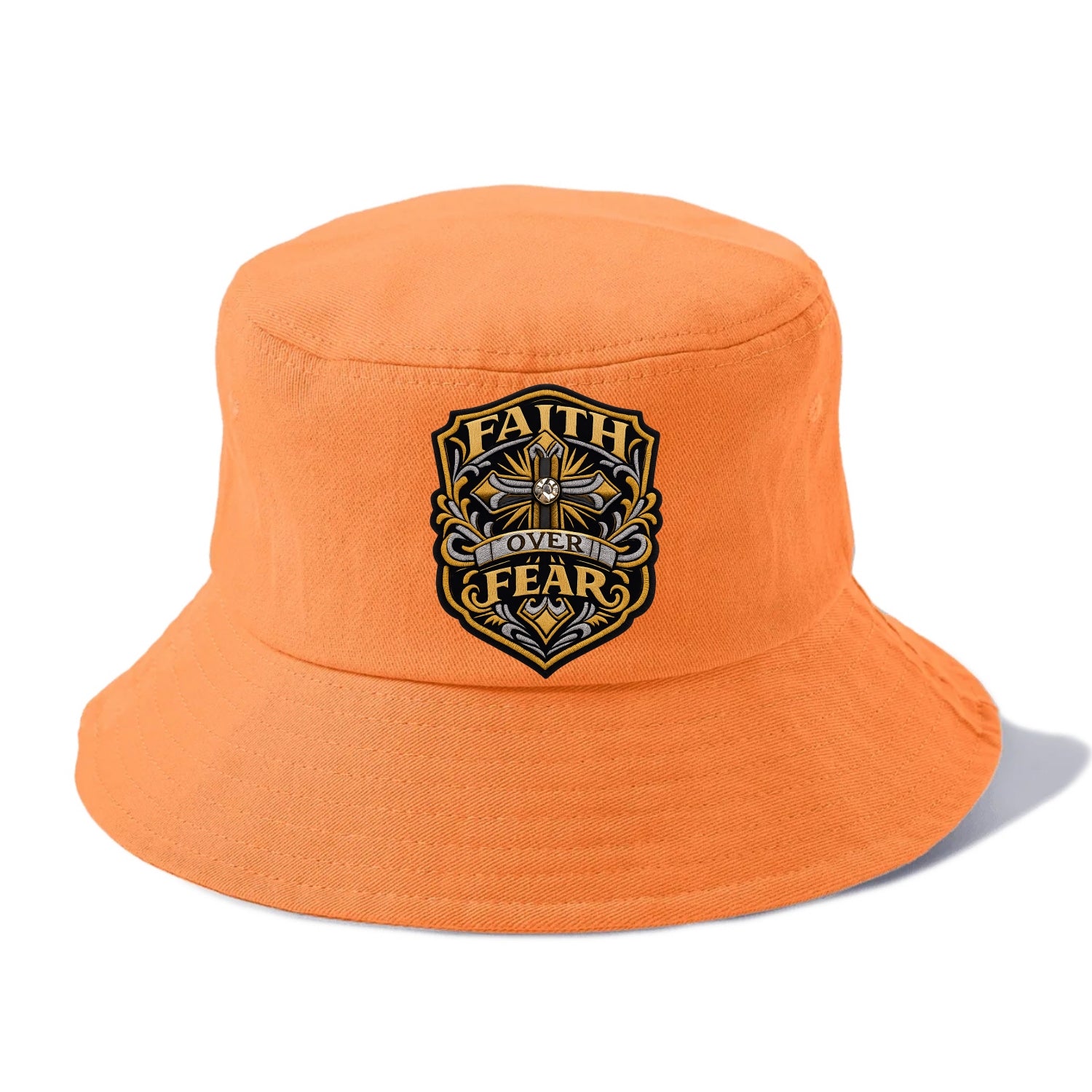 FAITH OVER FEAR - cross with text in gold , spiritual strength - Bucket Hat