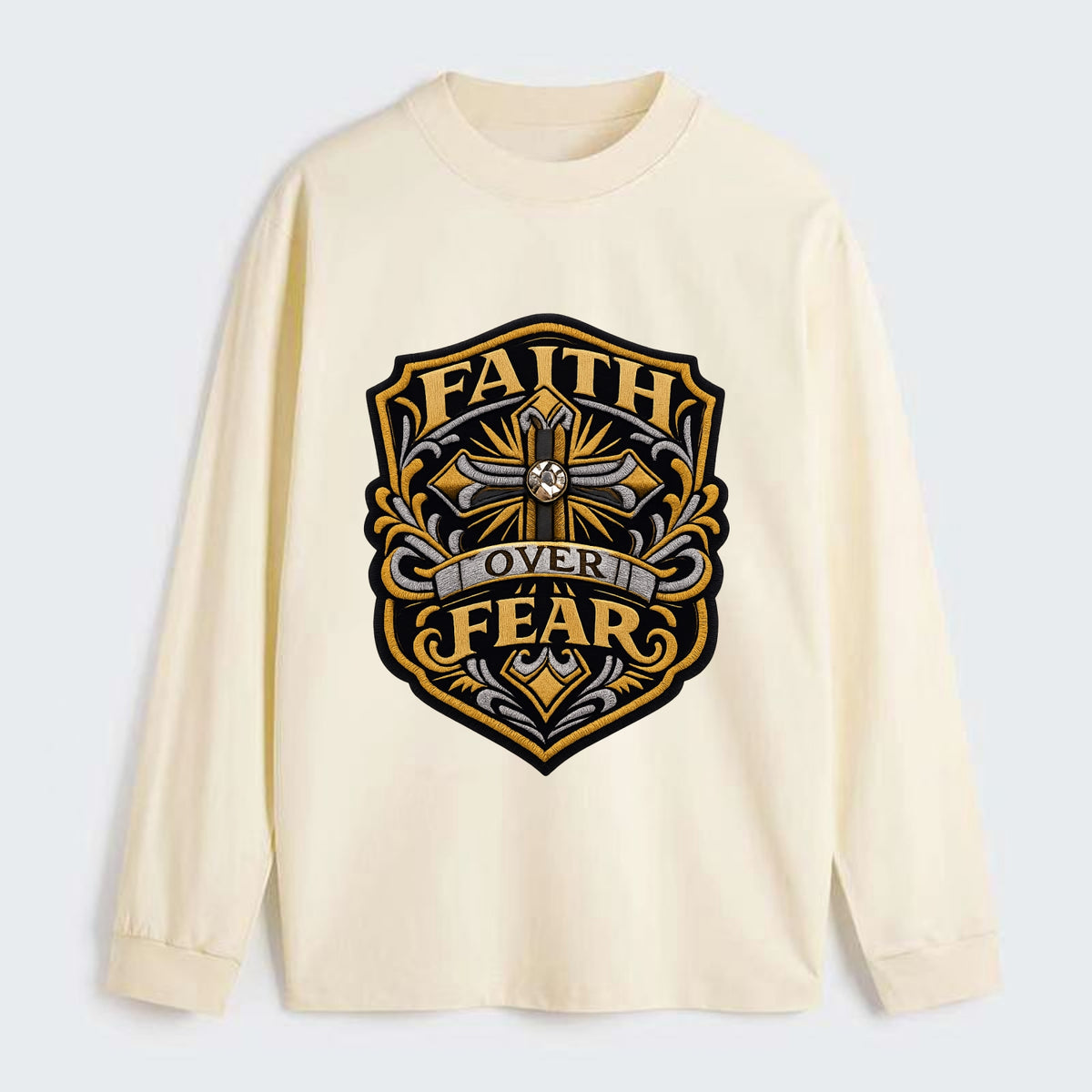 FAITH OVER FEAR - cross with text in gold , spiritual strength - Classic Long Sleeve Shirt