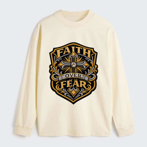 FAITH OVER FEAR - cross with text in gold , spiritual strength - Classic Long Sleeve Shirt