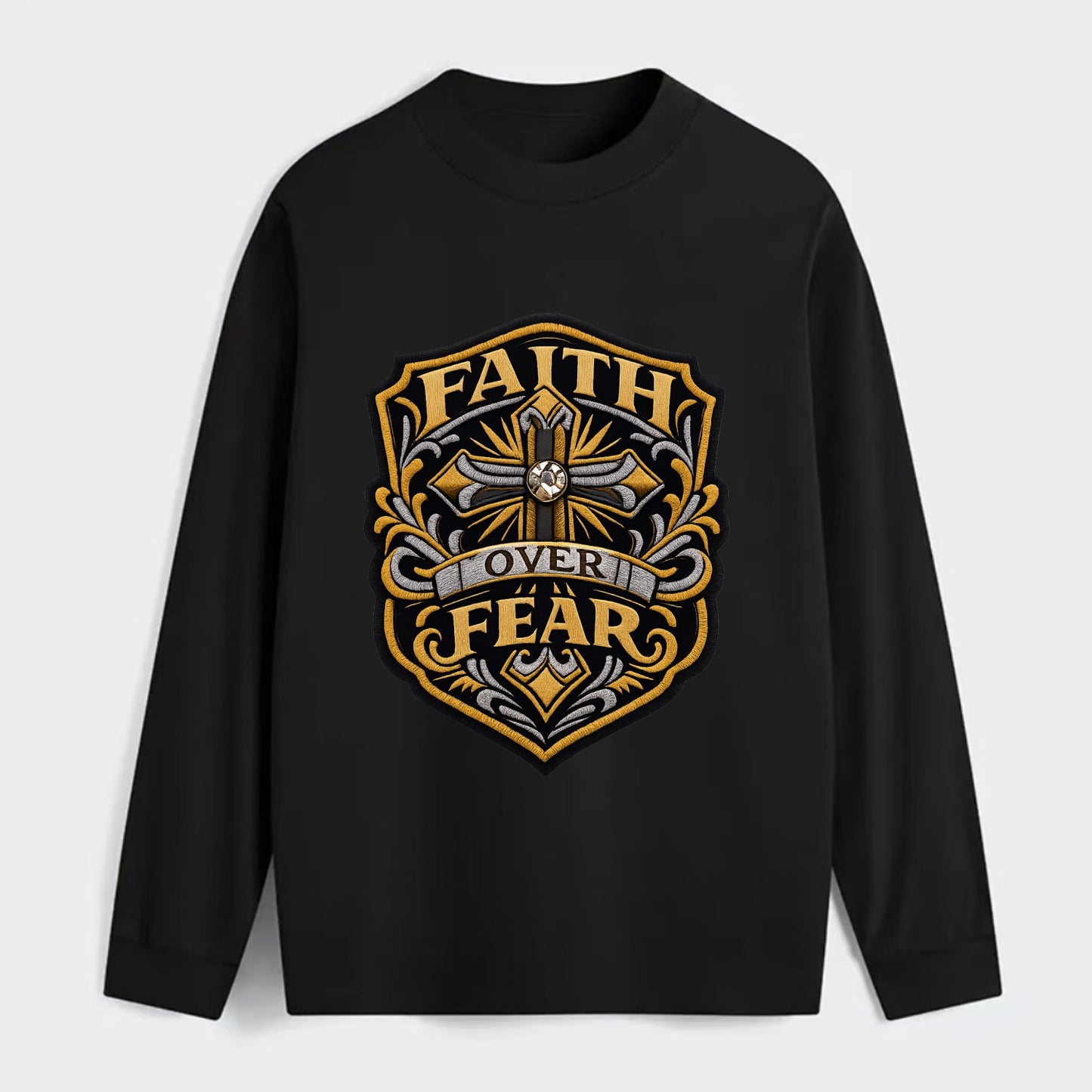 FAITH OVER FEAR - cross with text in gold , spiritual strength - Classic Long Sleeve Shirt
